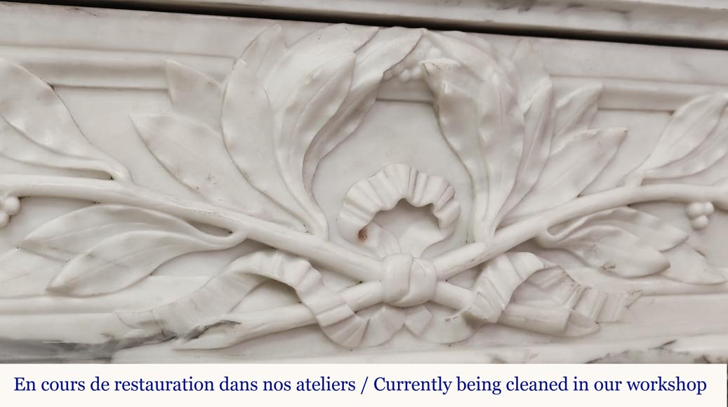 Curved Louis XVI style fireplace in Arabescato marble, decorated with a laurel wreath-2