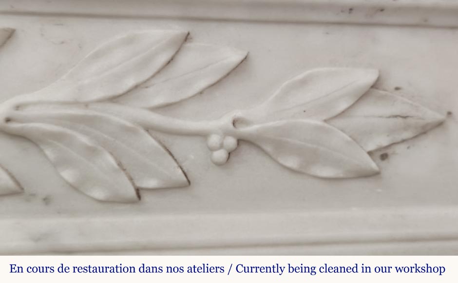 Curved Louis XVI style fireplace in Arabescato marble, decorated with a laurel wreath-4