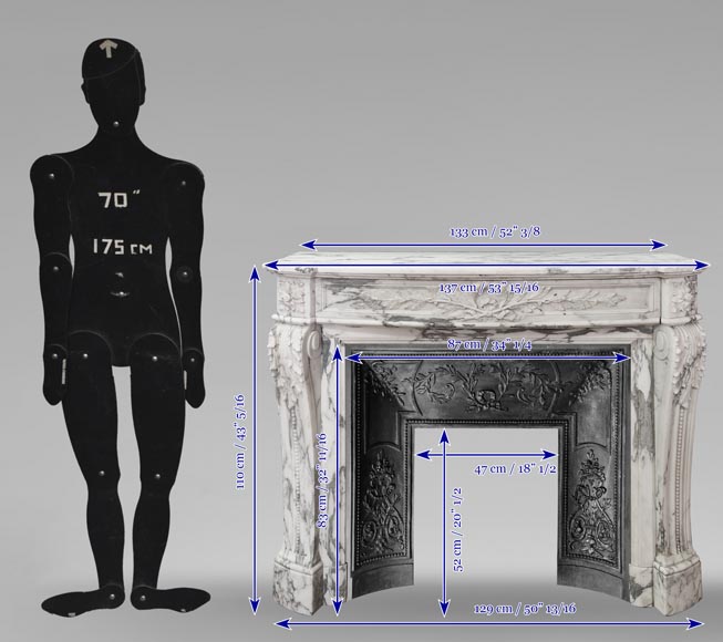Curved Louis XVI style fireplace in Arabescato marble, decorated with a laurel wreath-13