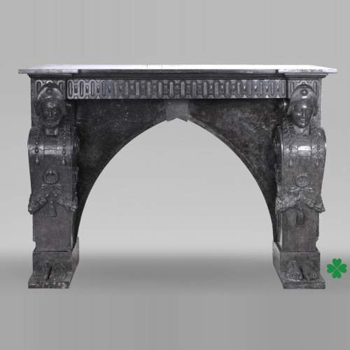  Black Granite Fireplace with Sculpted Male Figures – 18th Century