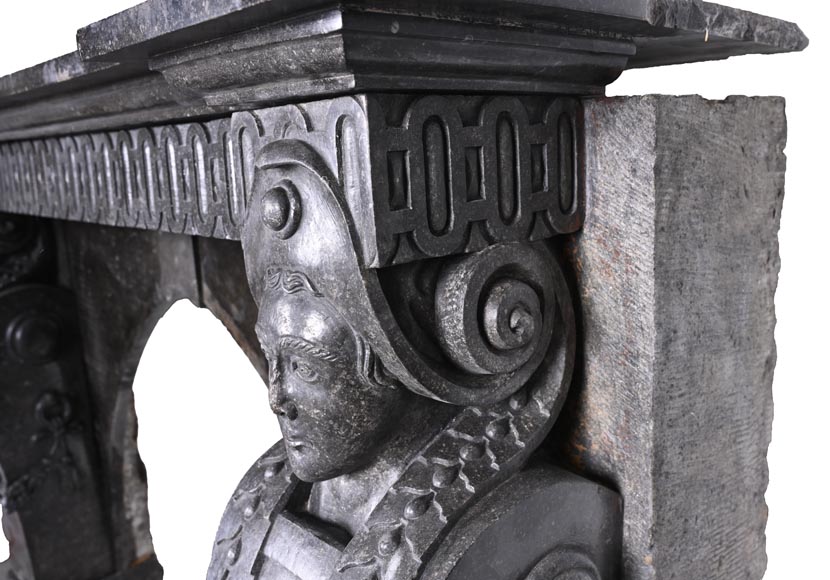  Black Granite Fireplace with Sculpted Male Figures – 18th Century-11