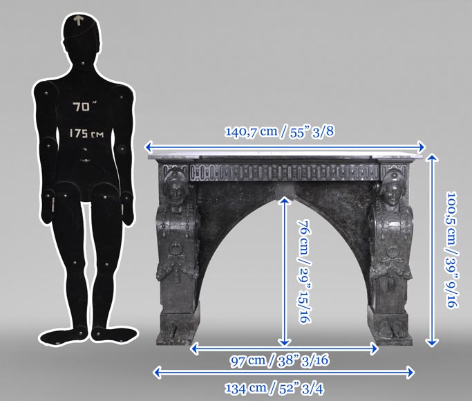  Black Granite Fireplace with Sculpted Male Figures – 18th Century-16