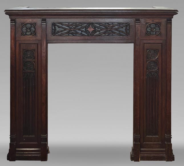  Neo-Gothic style fireplace with napkin fold decoration, in oak wood-0