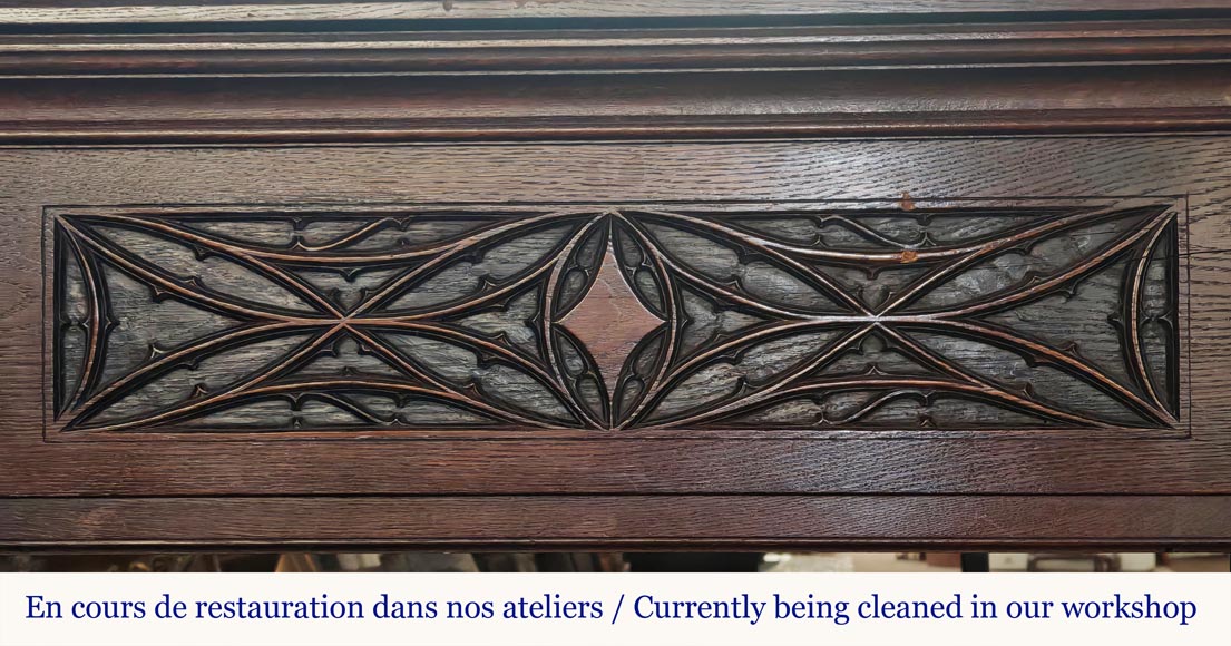  Neo-Gothic style fireplace with napkin fold decoration, in oak wood-1