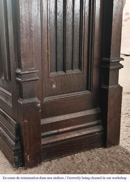  Neo-Gothic style fireplace with napkin fold decoration, in oak wood-5