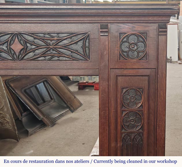  Neo-Gothic style fireplace with napkin fold decoration, in oak wood-6