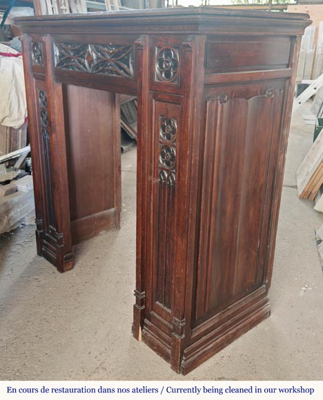  Neo-Gothic style fireplace with napkin fold decoration, in oak wood-8