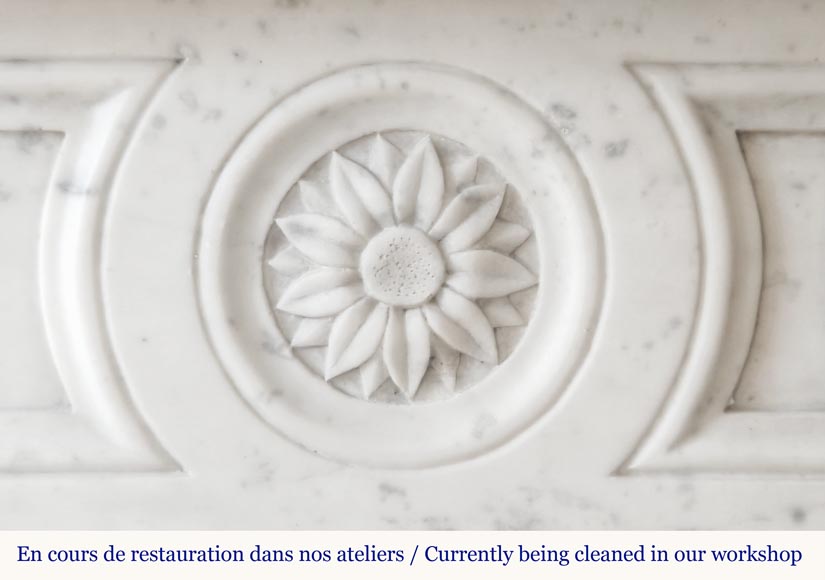 Louis XVI style fireplace in Carrara marble, decorated with a flower-1