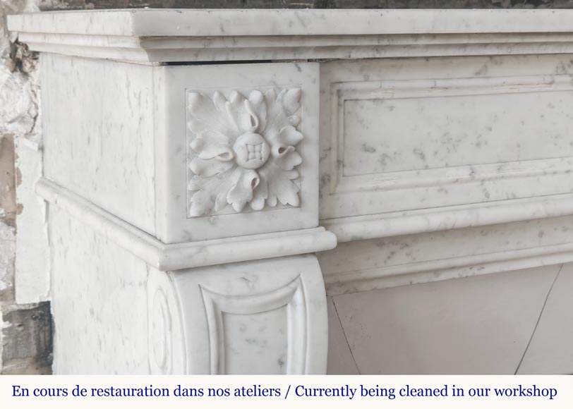 Louis XVI style fireplace in Carrara marble, decorated with a flower-3