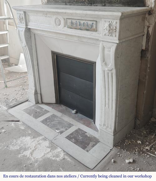 Louis XVI style fireplace in Carrara marble, decorated with a flower-5