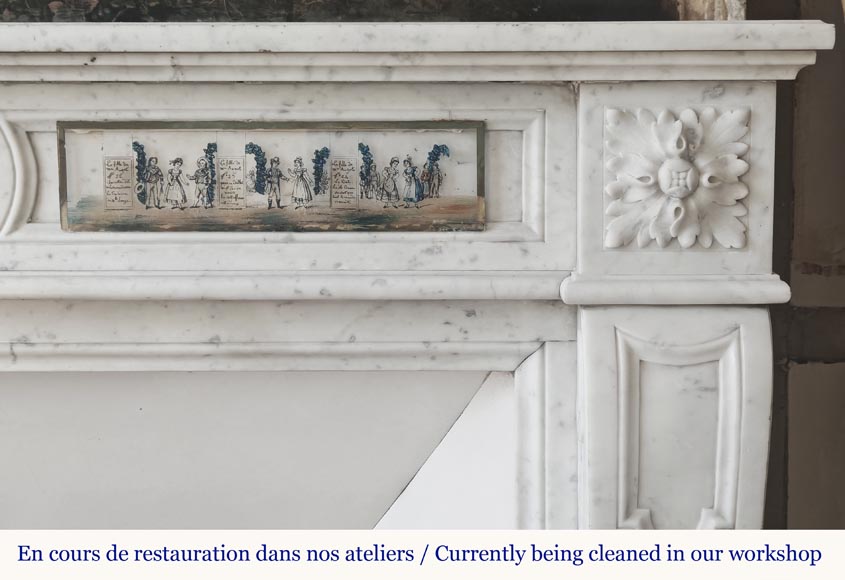 Louis XVI style fireplace in Carrara marble, decorated with a flower-6