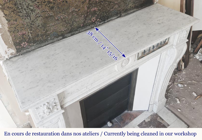 Louis XVI style fireplace in Carrara marble, decorated with a flower-8