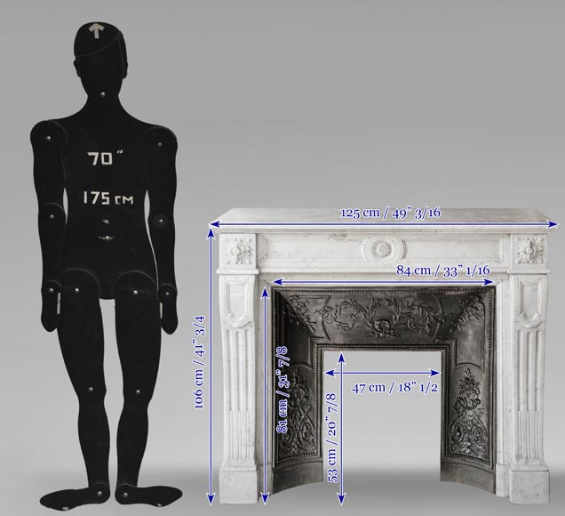Louis XVI style fireplace in Carrara marble, decorated with a flower-9