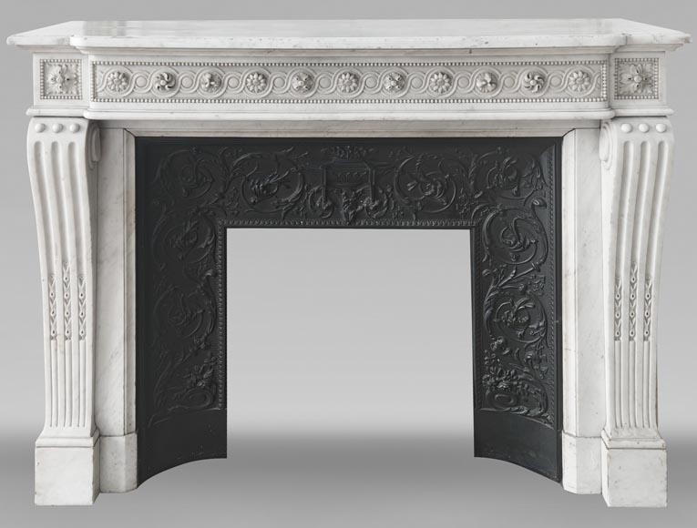 Louis XVI style fireplace in Carrara marble, decorated with pearls and macaroons-0