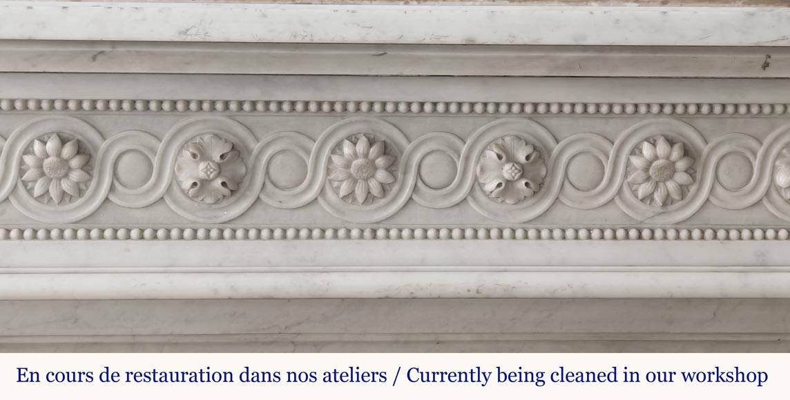 Louis XVI style fireplace in Carrara marble, decorated with pearls and macaroons-1