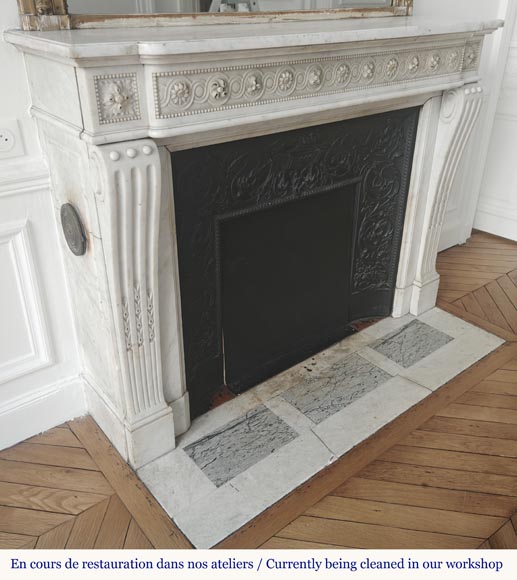 Louis XVI style fireplace in Carrara marble, decorated with pearls and macaroons-3