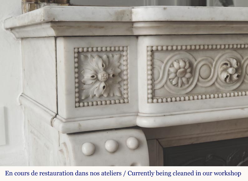 Louis XVI style fireplace in Carrara marble, decorated with pearls and macaroons-4