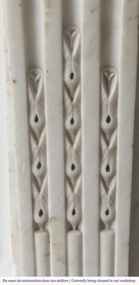 Louis XVI style fireplace in Carrara marble, decorated with pearls and macaroons-5