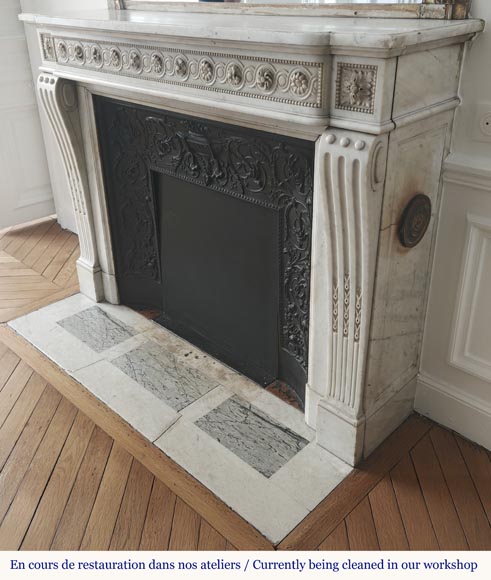 Louis XVI style fireplace in Carrara marble, decorated with pearls and macaroons-7