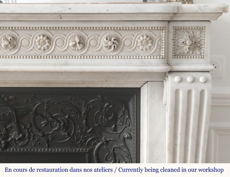 Louis XVI style fireplace in Carrara marble, decorated with pearls and macaroons-8