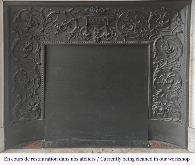 Louis XVI style fireplace in Carrara marble, decorated with pearls and macaroons-10