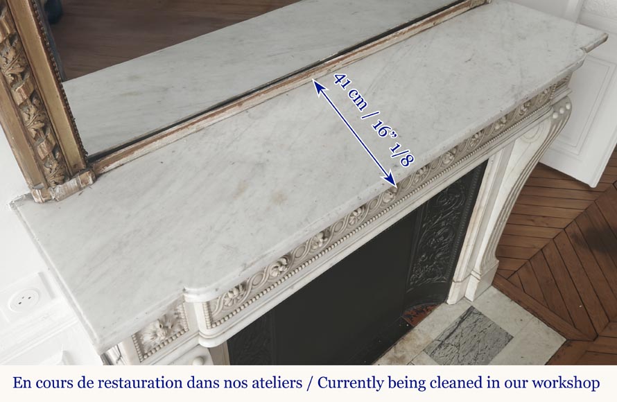 Louis XVI style fireplace in Carrara marble, decorated with pearls and macaroons-11