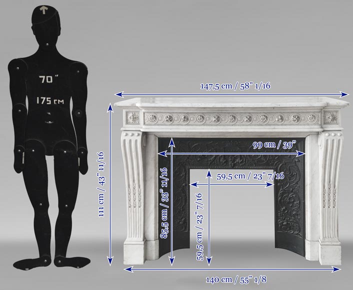 Louis XVI style fireplace in Carrara marble, decorated with pearls and macaroons-12