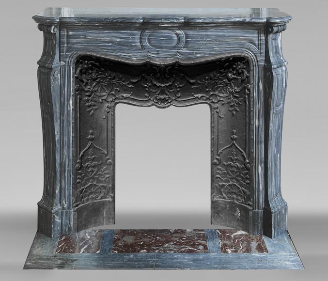 Louis XV style fireplace, Pompadour model, in blue Turquin marble-0