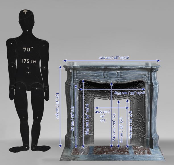 Louis XV style fireplace, Pompadour model, in blue Turquin marble-10