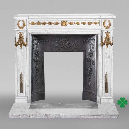 Louis XVI-Style Fireplace in Carrara Marble with Gilt Bronze Decoration