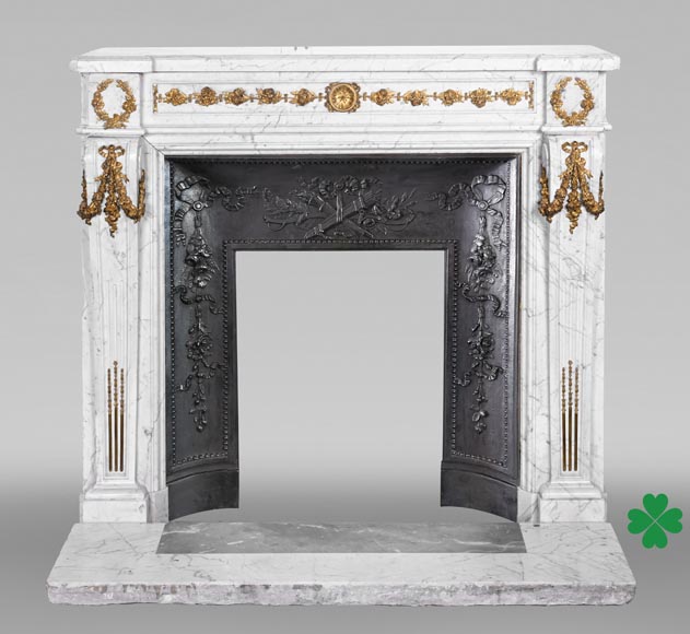 Louis XVI-Style Fireplace in Carrara Marble with Gilt Bronze Decoration-0
