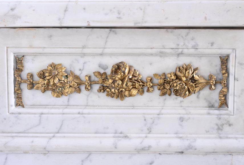 Louis XVI-Style Fireplace in Carrara Marble with Gilt Bronze Decoration-8