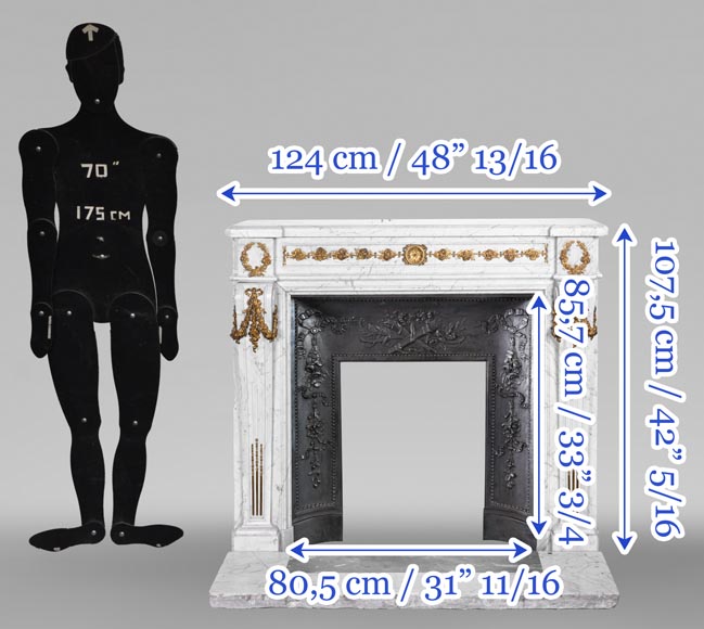 Louis XVI-Style Fireplace in Carrara Marble with Gilt Bronze Decoration-17