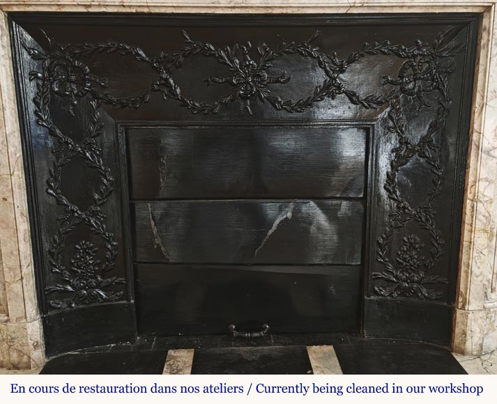 Louis XVI style fireplace with rounded corner, in Sarrancolin marble-9