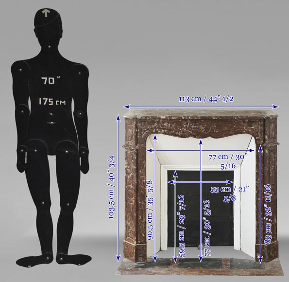 Louis XV style fireplace, Pompadour model, flat, in red marble from the North-9