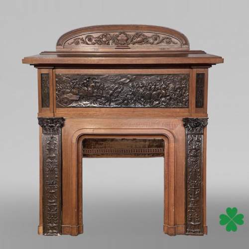 Oak Fireplace with Plaster Bas-Reliefs in Faux Bronze, dated 1896 