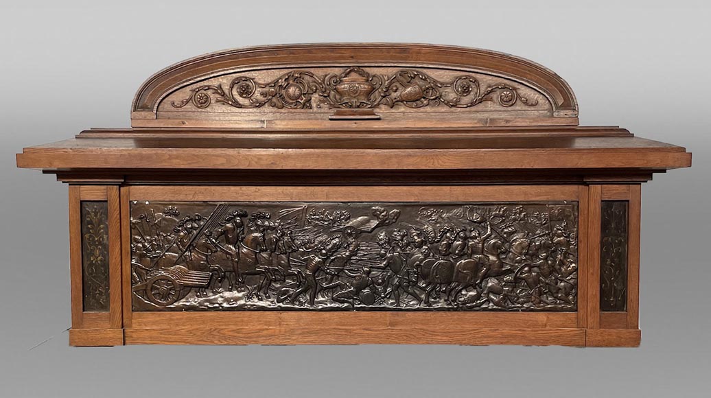 Oak Fireplace with Plaster Bas-Reliefs in Faux Bronze, dated 1896 -1