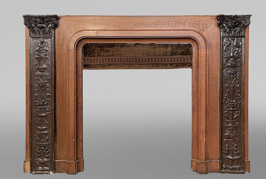 Oak Fireplace with Plaster Bas-Reliefs in Faux Bronze, dated 1896 -2