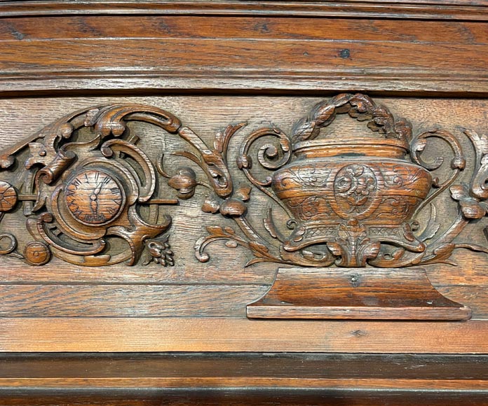 Oak Fireplace with Plaster Bas-Reliefs in Faux Bronze, dated 1896 -3