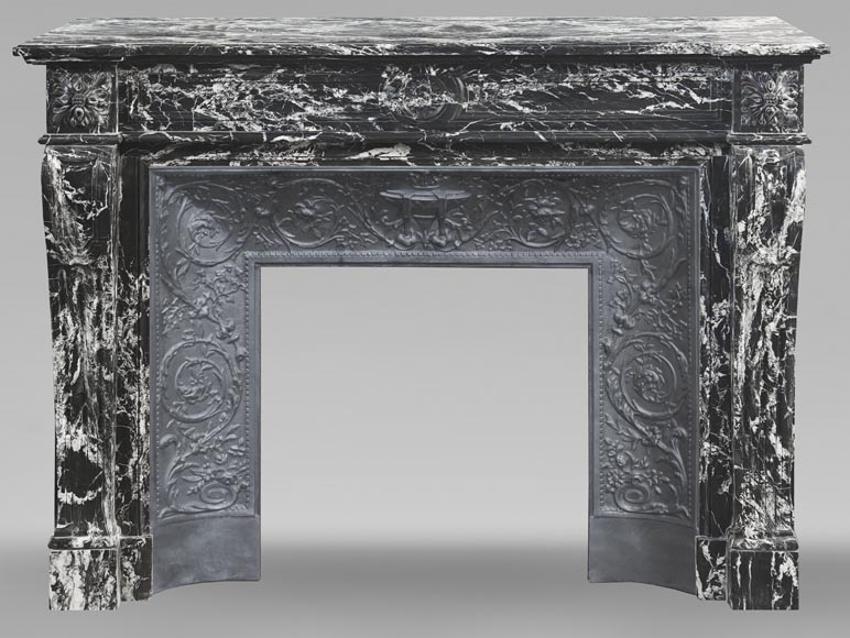 Louis XVI style fireplace decorated with a flower, in black Marquina marble-0