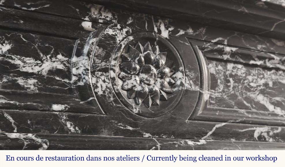 Louis XVI style fireplace decorated with a flower, in black Marquina marble-2