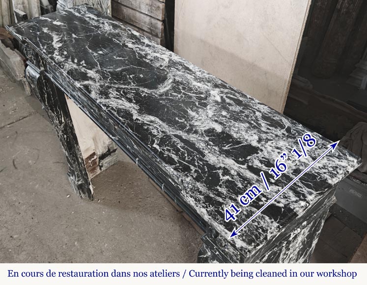 Louis XVI style fireplace decorated with a flower, in black Marquina marble-9