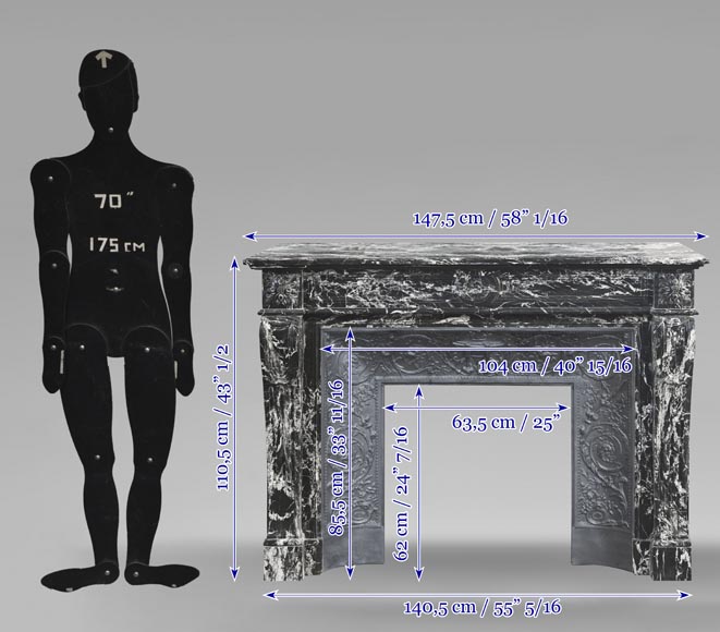 Louis XVI style fireplace decorated with a flower, in black Marquina marble-10