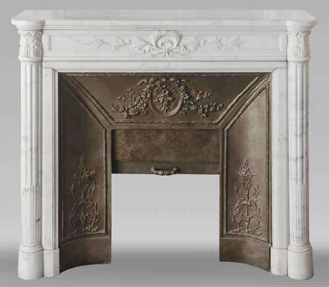 Louis XVI style fireplace with a Corinthian fluted half-column, in half-statuary marble-0