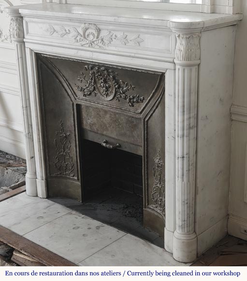 Louis XVI style fireplace with a Corinthian fluted half-column, in half-statuary marble-7