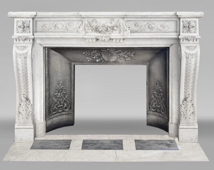 Beautiful Louis XVI style fireplace with very rich decoration, sculpted in Carrara marble-0
