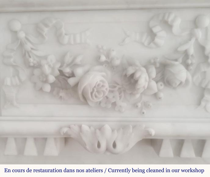 Beautiful Louis XVI style fireplace with very rich decoration, sculpted in Carrara marble-1