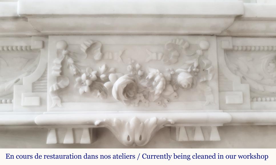 Beautiful Louis XVI style fireplace with very rich decoration, sculpted in Carrara marble-2