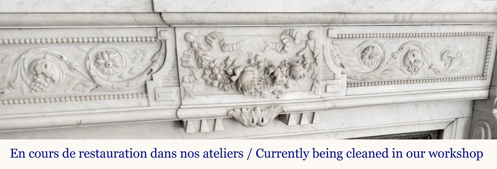 Beautiful Louis XVI style fireplace with very rich decoration, sculpted in Carrara marble-3