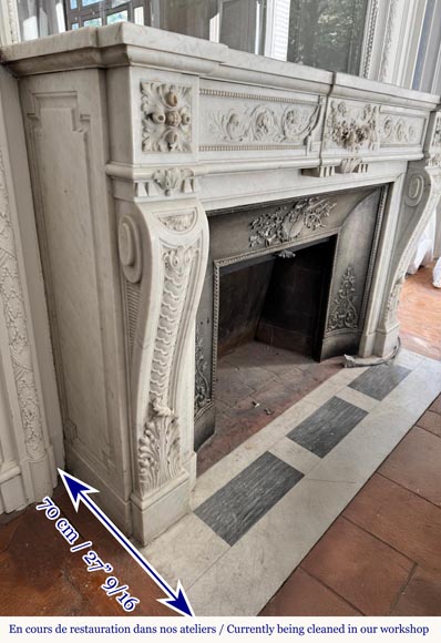 Beautiful Louis XVI style fireplace with very rich decoration, sculpted in Carrara marble-4
